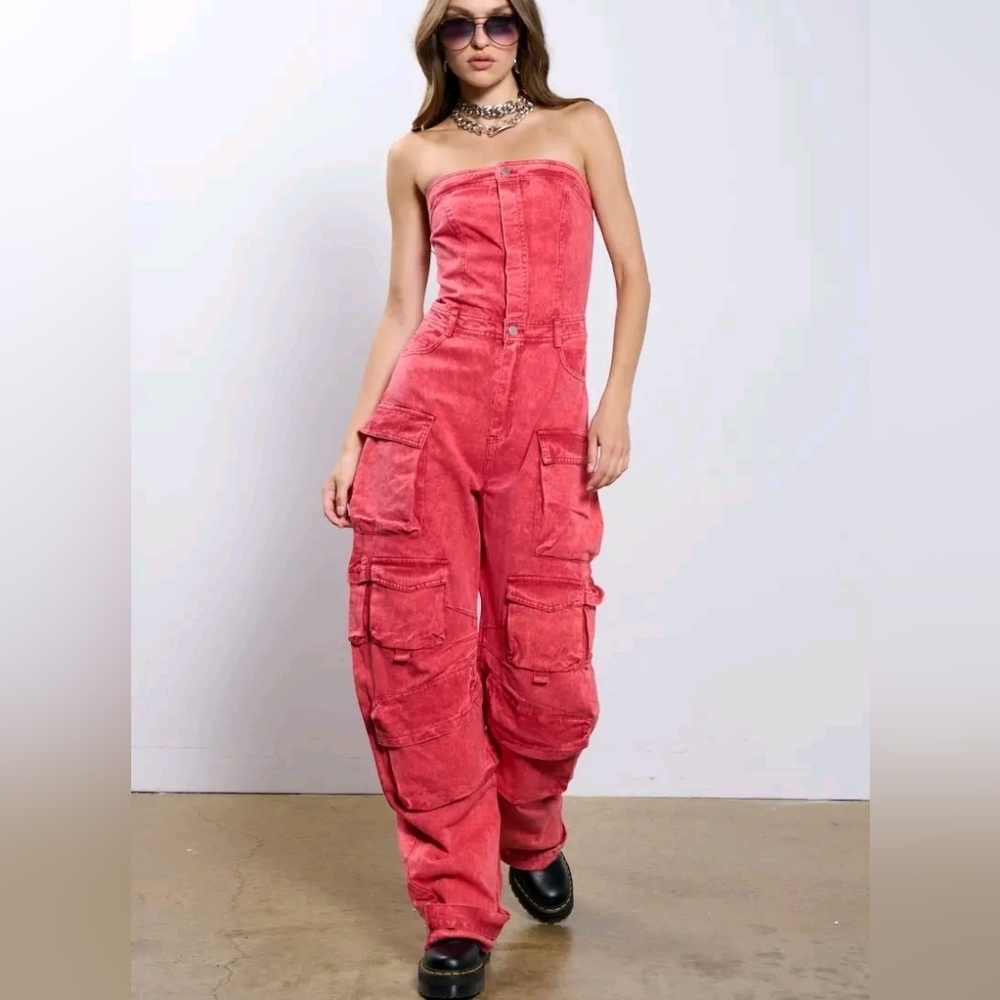 Strapless Washed Red Cargo Jumpsuit Utility Pocket Y2K Streetwear Festival - Picture 5 of 15